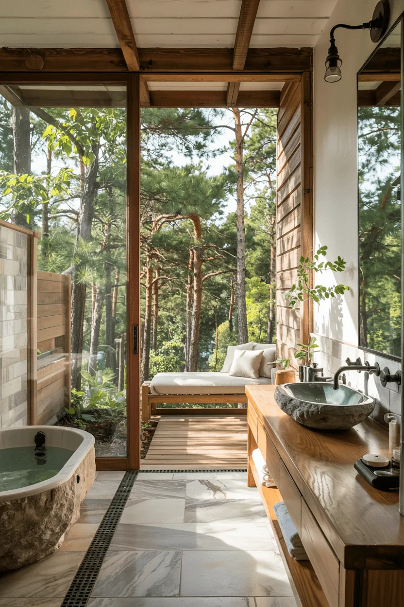 6 Zen Bathroom Concepts in Forest Settings