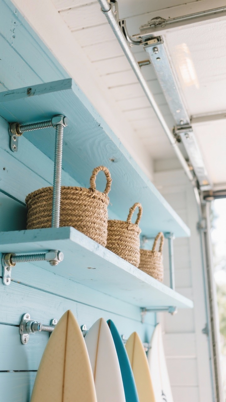 Detail/closeup shot, low angle looking upward: Ceiling-suspended shelves made of plywood painted soft ocean blue, hung with brushed steel 3/8" threaded rods secured by lock nuts and heavy-duty anchors. Natural jute baskets sit on the shelf, showing woven texture against the smooth painted wood. Below one shelf, a horizontal board rack holds surfboards with sandy beige and white accents. Bright, coastal lighting with light reflections on brushed steel; clear overhead clearance visible for garage door/vehicle. Photorealistic, breezy surf shack vibe.
