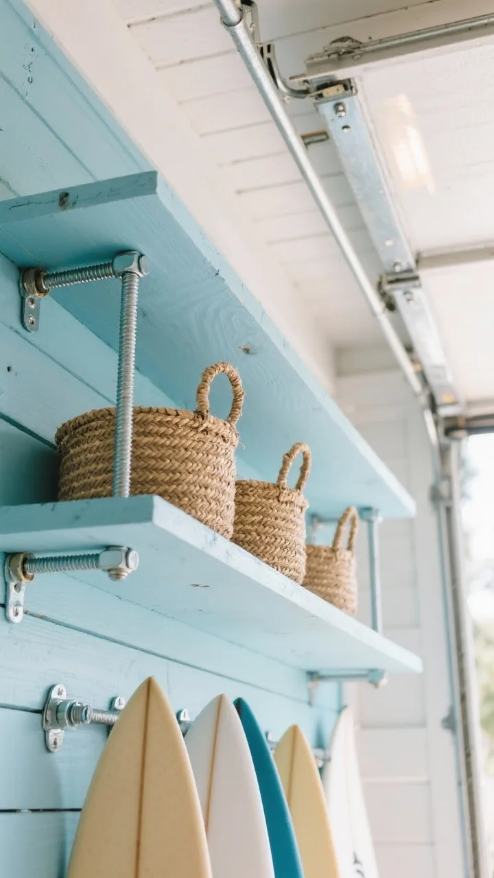 Detail/closeup shot, low angle looking upward: Ceiling-suspended shelves made of plywood painted soft ocean blue, hung with brushed steel 3/8" threaded rods secured by lock nuts and heavy-duty anchors. Natural jute baskets sit on the shelf, showing woven texture against the smooth painted wood. Below one shelf, a horizontal board rack holds surfboards with sandy beige and white accents. Bright, coastal lighting with light reflections on brushed steel; clear overhead clearance visible for garage door/vehicle. Photorealistic, breezy surf shack vibe.