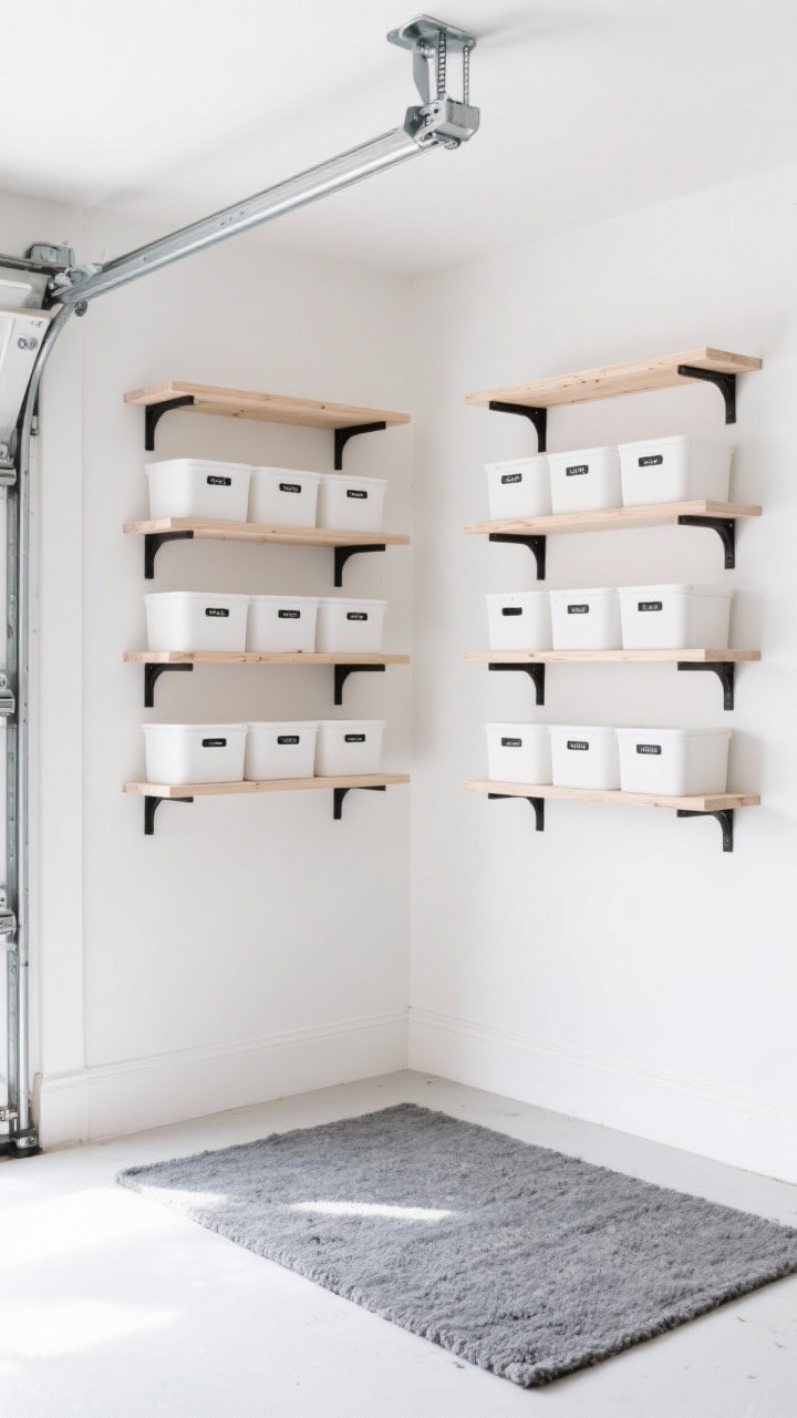 Medium shot, corner angle: Scandinavian-inspired garage nook with bright white walls and a grid of shallow birch plywood floating shelves on concealed heavy-duty brackets. Blonde wood shelves with clean edge-banding, filled with white storage containers labeled in black text. A low-profile washable gray rug grounds the scene and hides scuffs. Soft, diffuse daylight bouncing off the white surfaces for an airy, minimal feel; black accents kept minimal. Photorealistic, serene and tidy.