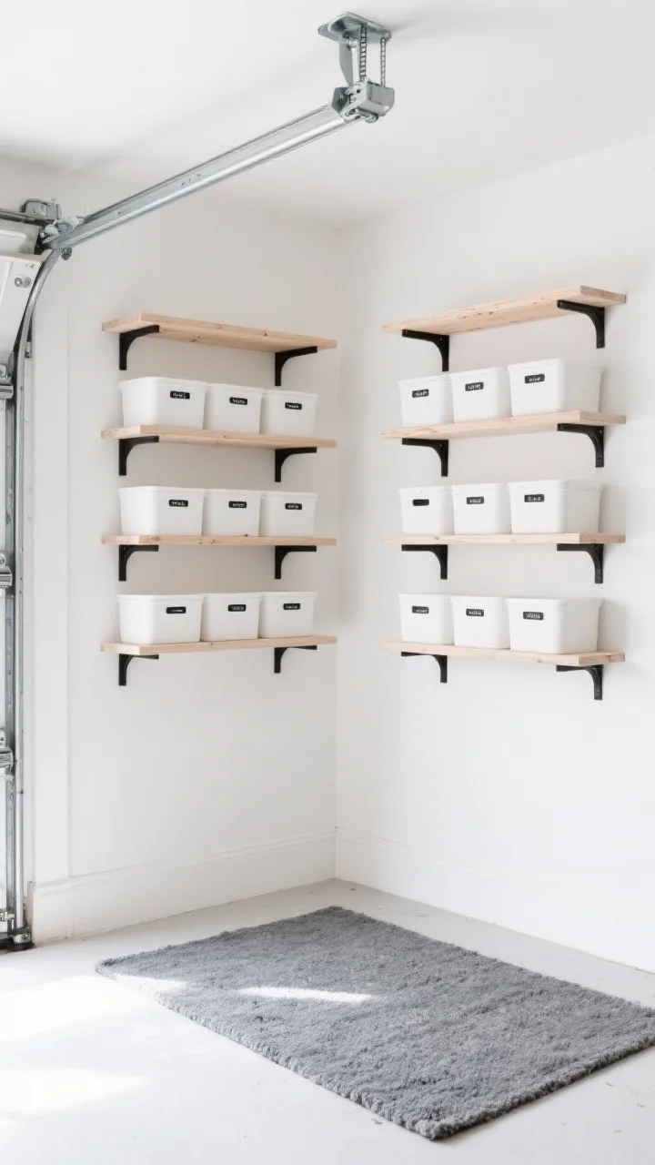 Medium shot, corner angle: Scandinavian-inspired garage nook with bright white walls and a grid of shallow birch plywood floating shelves on concealed heavy-duty brackets. Blonde wood shelves with clean edge-banding, filled with white storage containers labeled in black text. A low-profile washable gray rug grounds the scene and hides scuffs. Soft, diffuse daylight bouncing off the white surfaces for an airy, minimal feel; black accents kept minimal. Photorealistic, serene and tidy.