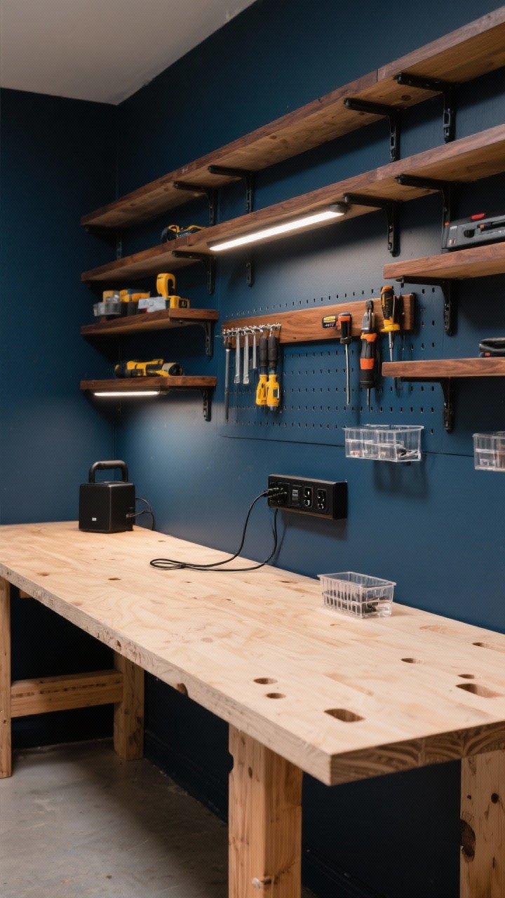 Medium shot, straight-on view of a work zone: Sturdy plywood workbench with a 2x4 base, deep navy wall behind hosting a full-span French cleat system. Adjustable cleat-mounted shelves and tool holders are arranged neatly; shelf fronts trimmed with warm walnut. A magnetic tool strip holds frequently used tools, under-shelf task lights illuminate the workspace. A charging station with cord grommets, a matte black power strip with USB, and clear acrylic-front small parts bins complete the setup. Palette of navy, walnut, matte black, and natural plywood. Photorealistic, precise workshop-pro atmosphere.