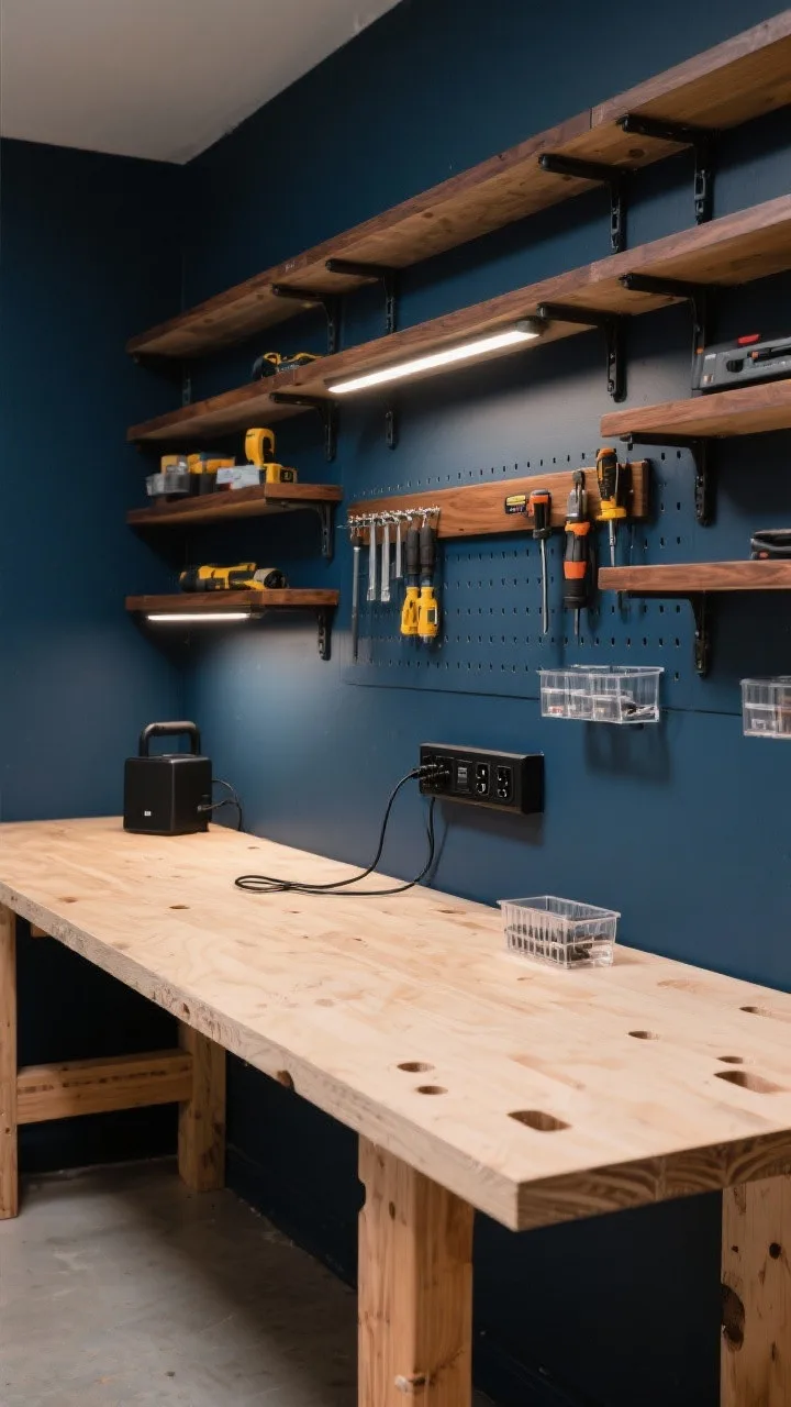 Medium shot, straight-on view of a work zone: Sturdy plywood workbench with a 2x4 base, deep navy wall behind hosting a full-span French cleat system. Adjustable cleat-mounted shelves and tool holders are arranged neatly; shelf fronts trimmed with warm walnut. A magnetic tool strip holds frequently used tools, under-shelf task lights illuminate the workspace. A charging station with cord grommets, a matte black power strip with USB, and clear acrylic-front small parts bins complete the setup. Palette of navy, walnut, matte black, and natural plywood. Photorealistic, precise workshop-pro atmosphere.