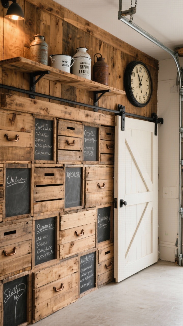Medium-wide shot, straight-on: Rustic farmhouse crate wall in a garage, full-height mosaic of stained wooden crates stacked both horizontally and vertically with 1x3 framing strips. A mini sliding barn door on a black track conceals a portion of the storage. Select crates feature oil-rubbed bronze pulls as hidden drawers; chalkboard labels on crate fronts. Above, a reclaimed wood display shelf holds vintage oil cans, enamelware, and a large wall clock. Palette of honey oak wood, black hardware, and creamy white accents. Warm, ambient lighting enhances grain and patina. Photorealistic, cozy and organized.