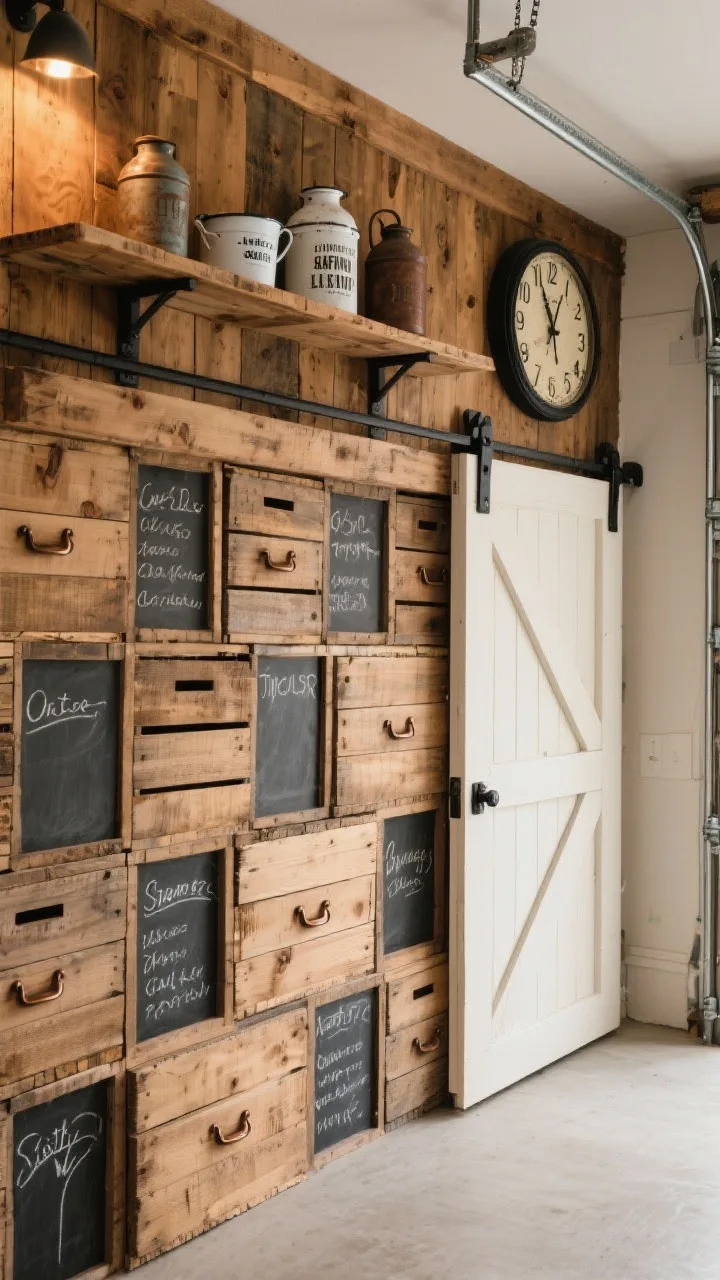Medium-wide shot, straight-on: Rustic farmhouse crate wall in a garage, full-height mosaic of stained wooden crates stacked both horizontally and vertically with 1x3 framing strips. A mini sliding barn door on a black track conceals a portion of the storage. Select crates feature oil-rubbed bronze pulls as hidden drawers; chalkboard labels on crate fronts. Above, a reclaimed wood display shelf holds vintage oil cans, enamelware, and a large wall clock. Palette of honey oak wood, black hardware, and creamy white accents. Warm, ambient lighting enhances grain and patina. Photorealistic, cozy and organized.