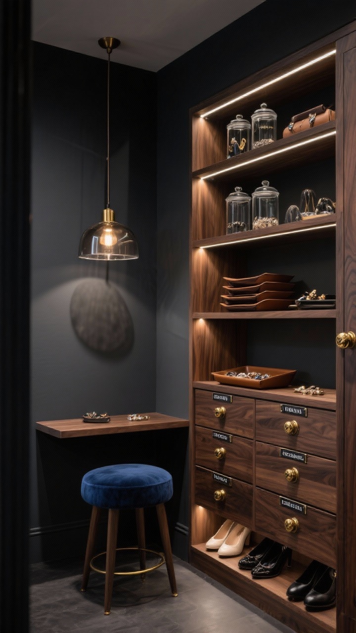 Photorealistic closeup detail shot of a moody boutique closet vignette: charcoal wall backdrop with walnut closet system and antique brass knobs, smoked-glass pendant casting warm, dramatic light, open shelving with glass canisters filled with accessories and stacked leather trays for jewelry, a bank of narrow drawers with adhesive label plates on the fronts in crisp type, under-shelf puck lights spotlighting shoes below, and the edge of an ink-blue velvet stool tucked under a tiny floating shelf; dark, dramatic, high-end boutique mood, angled corner perspective.