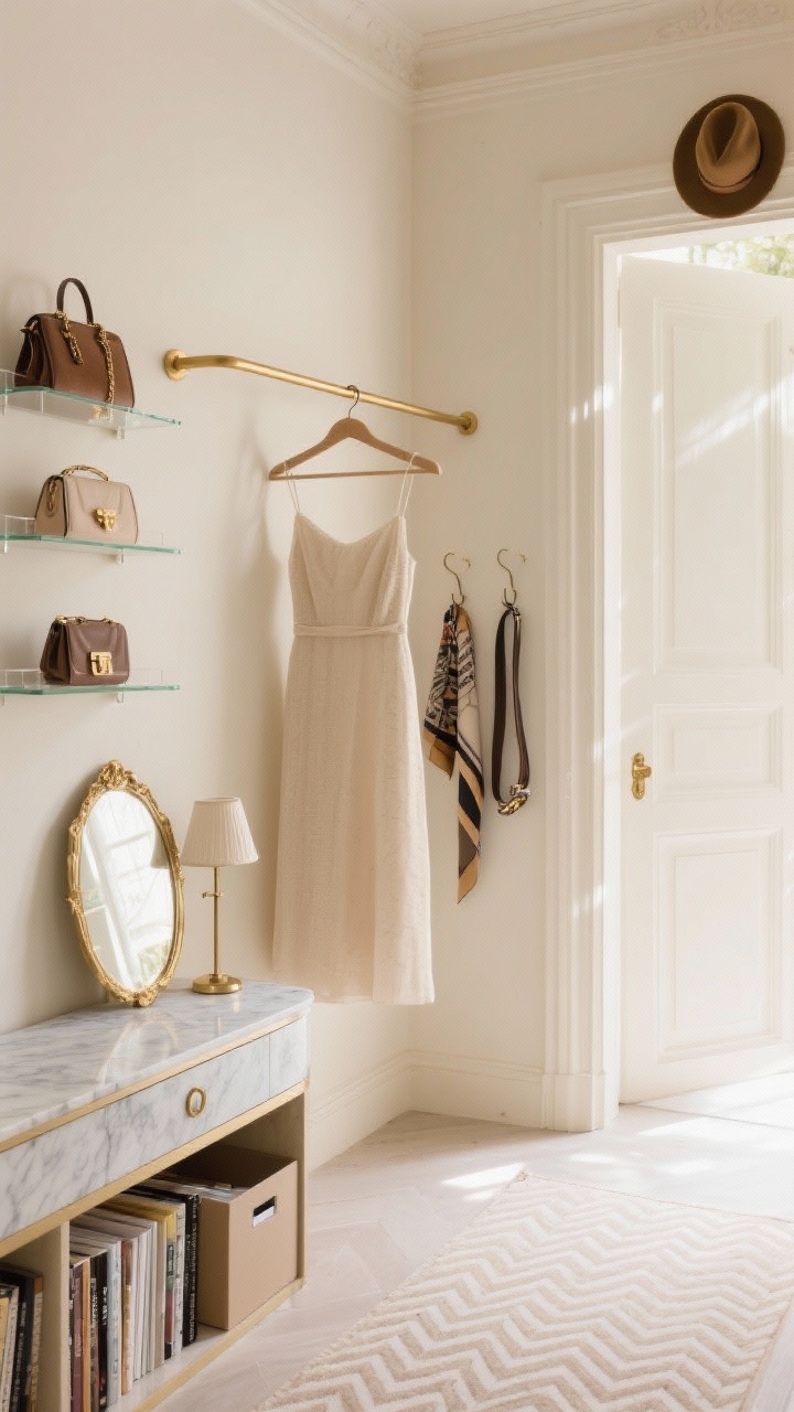 Photorealistic medium shot of a Parisian capsule closet nook: cream walls, a delicate brass hanging bar with a single high bar for dresses on slim velvet hangers, a narrow marble-topped console with a drawer for a file-folded tee library partially open, a petite gilt mirror leaning against the wall catching light from a linen-shaded sconce, a shallow glass-front shelf above displaying handbags like collectibles with tiered purse stands stacking clutches vertically, invisible acrylic hooks on the side wall holding scarves and belts, a pale herringbone runner on the floor, and a single hat hook above the doorway; soft sunlit ambiance, quiet luxury, elegant and curated.