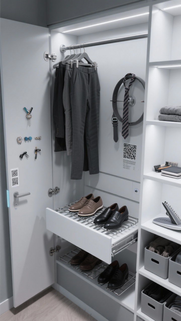 Photorealistic overhead detail shot inside a tech-savvy micro closet: soft-gray walls, white high-gloss shelves reflecting light, a matte graphite rod with motion-sensor lighting illuminated as the door opens, a compact pull-down wardrobe lift partially lowered, a two-tier pant rack sliding out like a file drawer with neatly hung trousers, a rotating belt and tie carousel with accessories, slim metal risers creating a second row of shoes, adhesive magnetic strips inside the door panel holding brooches, collar stays, and small tools, QR-coded bins for off-season items, and a fold-out ironing pad tucked under the lowest shelf; sleek, minimal, efficient, cool-toned lighting, no people.