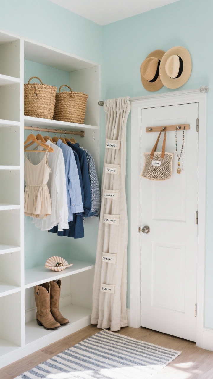 Photorealistic wide shot of a coastal calm reach-in closet: soft seafoam walls, whitewashed wood hangers on a double-hang section occupying the left third for shirts and skirts, right two-thirds with staggered adjustable open shelves and a roomy bottom boot cubby holding tall boots, a linen curtain panel replacing doors and softly draping to the side, jute basket trio on the top shelf, behind-the-door peg rail with beach hats, totes, and necklaces, mesh zip pouches labeled by category on a shelf, clothing organized in color zones from neutrals to blues, a small striped cotton rug on the floor, and a shell-shaped trinket dish catching rings on a shelf; airy, breezy, brushed nickel hardware, bright natural light, straight-on view.