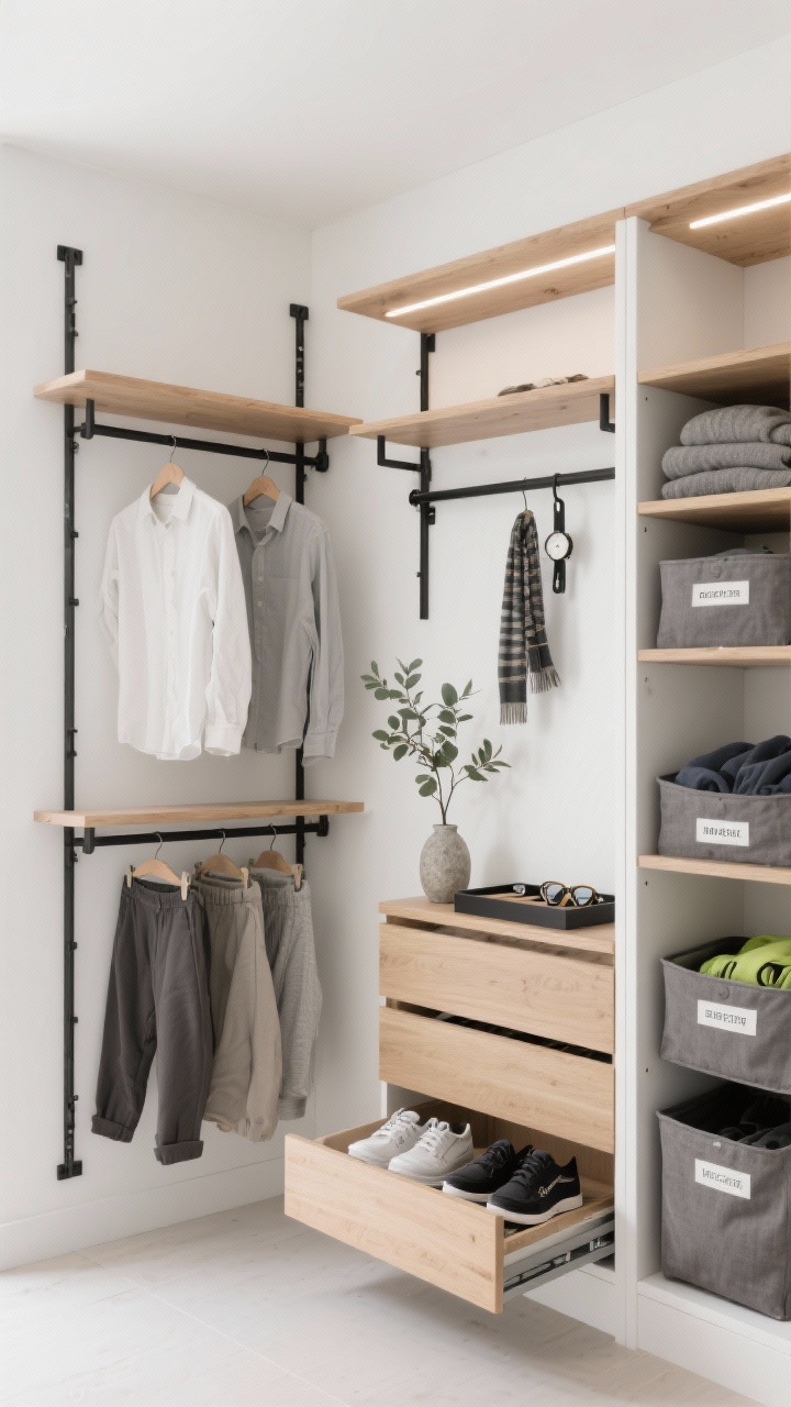Photorealistic wide shot of a Scandinavian utility wardrobe: matte white walls, natural oak shelves, matte black hardware, two vertical adjustable track systems—left side with double hanging rods (shirts on top, pants on bottom), right side with deep, labeled breathable fabric bins for sweaters and workout gear, a pull-out tray at chest height styled with a watch tray, glasses, and folded scarves, a drop-down valet hook presenting tomorrow’s outfit, soft-close slide-out shoe shelves angled at 15 degrees displaying pairs, a slim LED light strip beneath the top shelf illuminating everything, and a single eucalyptus branch in a stone bud vase; clean, bright, modular, serene atmosphere, straight-on view.