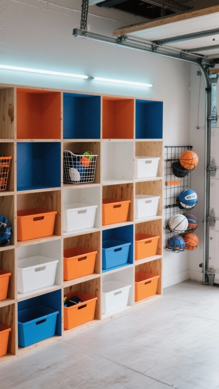 Wide shot, slight overhead perspective: Bold modular cube shelving grid built from 2x2s and plywood, arranged 3 rows by 4 columns along a garage wall. Each cube’s back panel is painted in a rotating color pattern of cobalt blue, safety orange, white, and natural wood, filled with matching color-blocked bins. One section outfitted with mesh baskets for sports gear; a wall-mounted ball rack nearby. An LED light strip glows under the top row, giving a crisp shop-meets-studio vibe. Photorealistic, energetic and orderly.