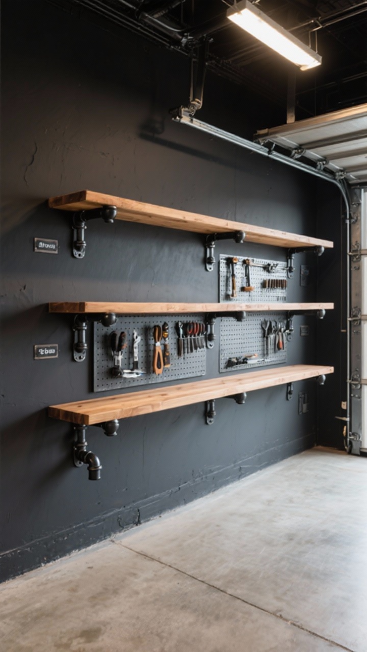 Wide shot, straight-on view: A stylish garage wall lined with three long stained pine shelves mounted on black iron pipe brackets (3/4" pipes with floor flanges, elbows, and tees). Matte charcoal painted wall backdrop, exposed concrete floor, and a galvanized metal pegboard neatly organized with tools. Warm wood tones contrast against black and galvanized metal. Subtle overhead shop lighting creates crisp shadows on the wall. Small metal shelf labels visible for a workshop-chic vibe. Photorealistic, clean, industrial loft mood.