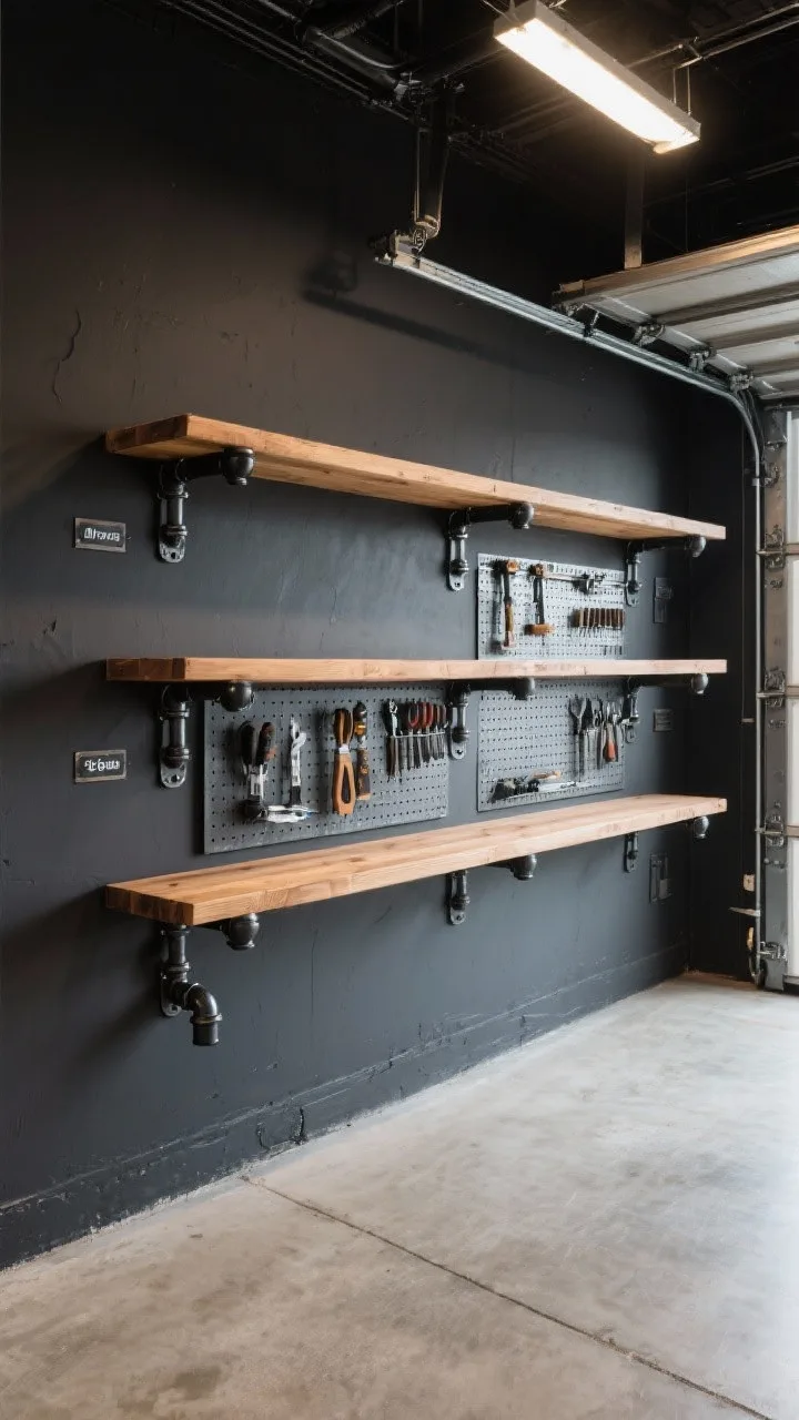 Wide shot, straight-on view: A stylish garage wall lined with three long stained pine shelves mounted on black iron pipe brackets (3/4" pipes with floor flanges, elbows, and tees). Matte charcoal painted wall backdrop, exposed concrete floor, and a galvanized metal pegboard neatly organized with tools. Warm wood tones contrast against black and galvanized metal. Subtle overhead shop lighting creates crisp shadows on the wall. Small metal shelf labels visible for a workshop-chic vibe. Photorealistic, clean, industrial loft mood.