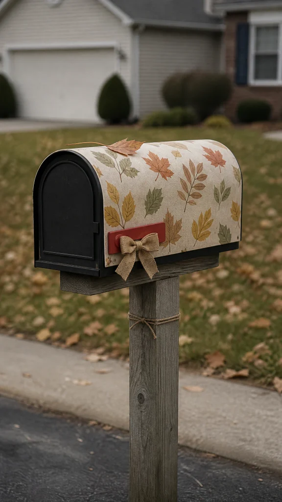 Five minute fall mailbox with a simple garland and a single bow