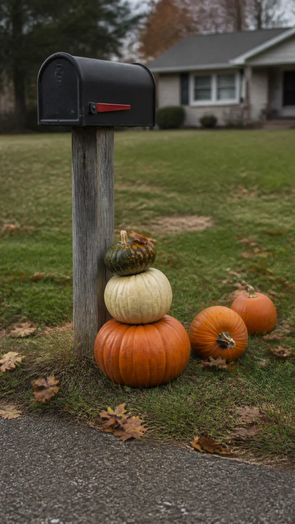 Stacked pumpkins at the base of a mailbox post, an easy fall curb appeal idea