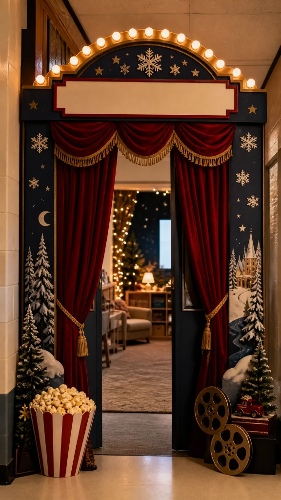 Christmas movie marathon classroom door styled like a popcorn and film strip display