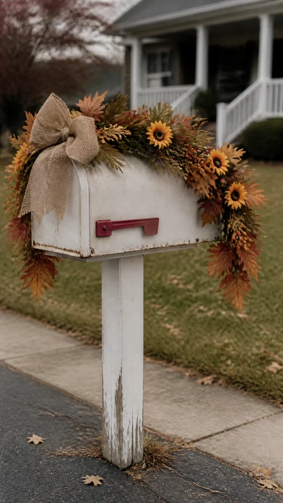Burlap bow and sunflower swag wrapped on a mailbox for fall