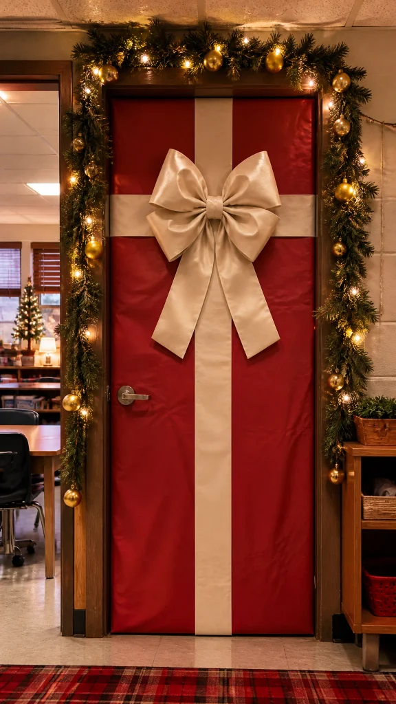 Classroom door wrapped like one giant Christmas present with a huge ribbon and gift tag