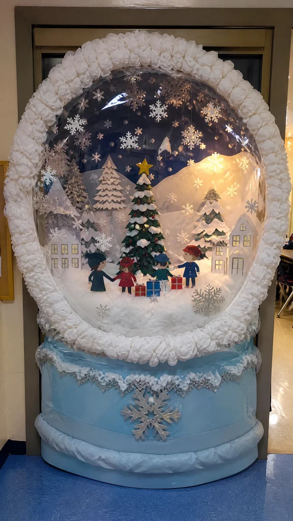 Giant snow globe Christmas classroom door with a photo of the whole class inside