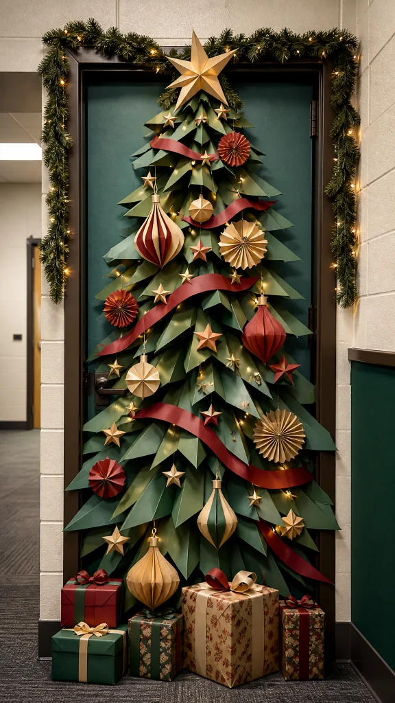 3D paper Christmas tree classroom door built from folded paper layers, a Christmas tree door classroom idea
