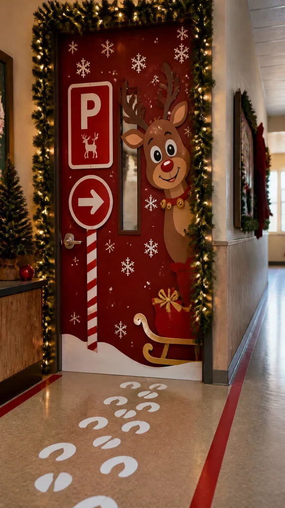 Reindeer Parking Only Christmas classroom door with a parking sign and brown paper reindeer