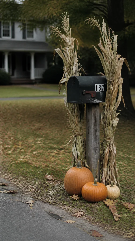 Fall mailbox decor with corn stalks tied around the post and small pumpkins at the base
