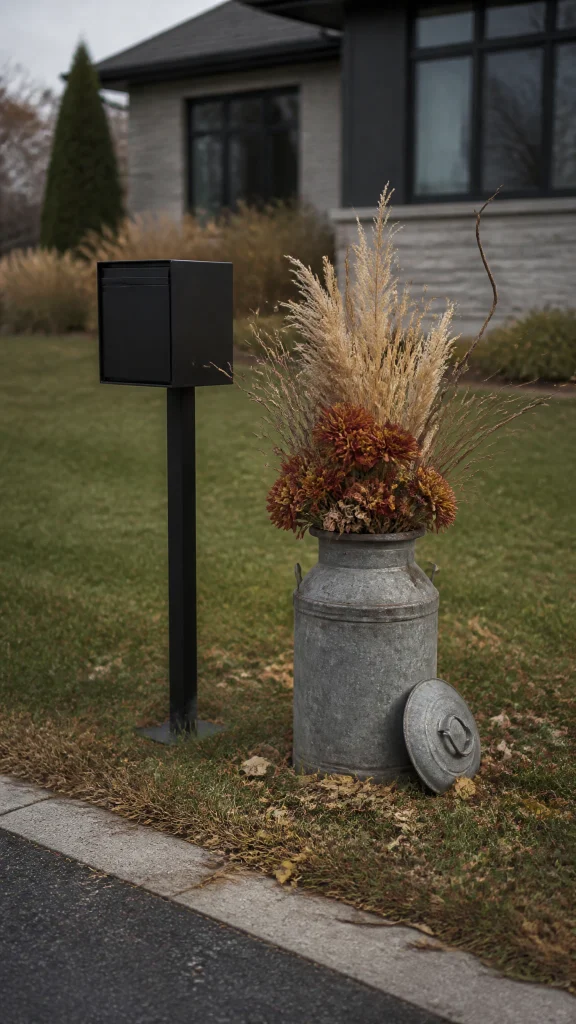 Vintage milk can with fall stems beside a mailbox for fall front yard decor