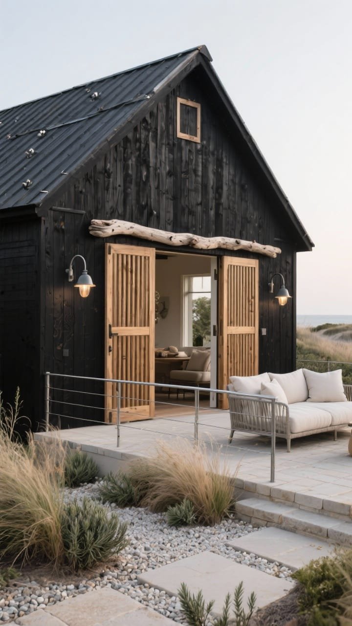 Angled medium exterior view of a coastal black barn: soft black stain showing wood grain on cladding; sun-bleached driftwood beams framing an open breezeway; sliding slatted teak barn doors revealing an outdoor lounge with pale linen cushions; galvanized cable railings and pale stone pavers; weathered-zinc gooseneck fixtures aglow; black metal roof with coastal-rated fasteners; landscaping of sea grasses, rosemary, and crushed shell paths; breezy, salt-air mood, photorealistic.