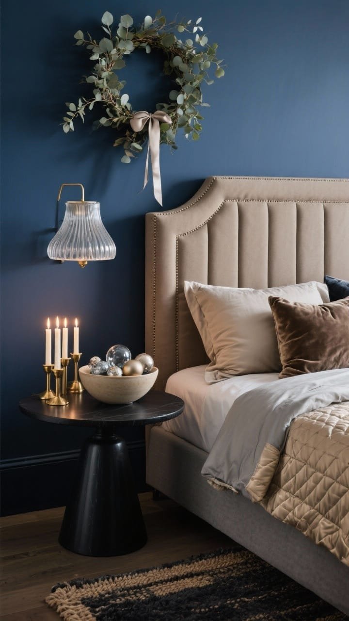 Closeup/detail bedside vignette: A luxe bedroom corner with ink-blue walls and the edge of a taupe channel-tufted headboard. On a black pedestal side table sits a ceramic bowl filled with glass ornaments in smoky neutrals beside a cluster of battery taper candles in brass, casting romantic, diffused light. Above the headboard hangs a thin asymmetrical eucalyptus wreath with a narrow satin ribbon. In soft focus, stone-colored linen bedding layered with a champagne silk-blend quilt and mixed velvet pillows in mushroom, sable, and onyx; a dark sisal rug at the bedside; subtle glow from a fluted glass lamp. Palette of ink blue, champagne, sable, mushroom, onyx; textures of linen, velvet, silk blend, sisal; hushed, boutique-hotel mood; no people; photorealistic.
