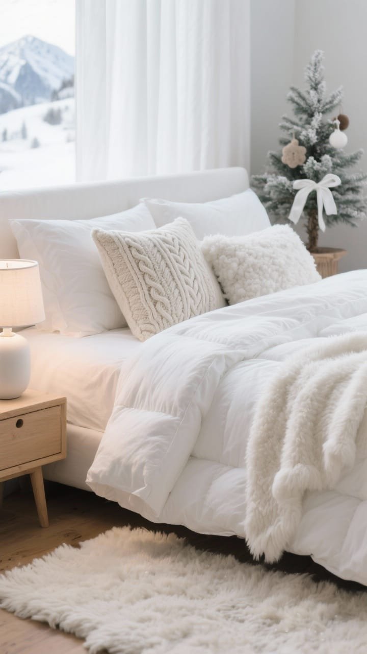 Closeup detail, Cozy Alpine Bedroom Retreat: A tight, tactile shot of bed layers—crisp white percale sheets, lofty down duvet, and a snowy white faux fur throw—with pillows in cable-knit, waffle weave, and sherpa showing rich texture; soft natural light from blackout white linen curtains; pale oak nightstand edge visible with a matte white ceramic lamp glowing warmly; a small flocked tabletop tree in the background blur with felt ornaments and white satin ribbon; thick ivory wool rug peeking at the frame bottom; restful, plush, photorealistic.