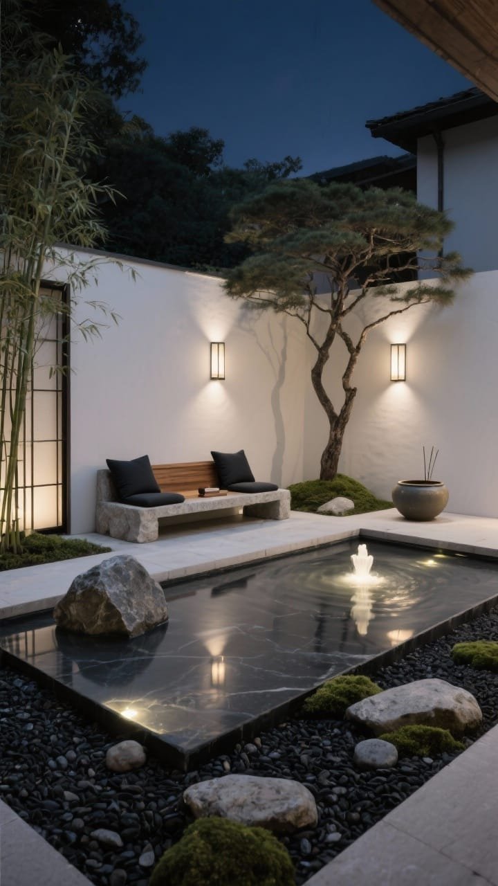 Closeup/medium tranquil courtyard scene at night: Zen courtyard centered on a shallow reflecting pool or slate fountain with subtle submersible LEDs giving the water an inner glow. Low, shielded sconces on stucco walls float the space without glare. Ground-level wash lights graze bamboo or a sculptural pine, casting layered shadows that move. Minimal furniture: stone bench with teak backrest, two charcoal cushions, black gravel field with carefully placed boulders. Shoji-inspired screen, ceramic water basin, river stones, incense holder. Palette of charcoal, soft white, moss, natural stone. Calm, balanced, photorealistic, no people.