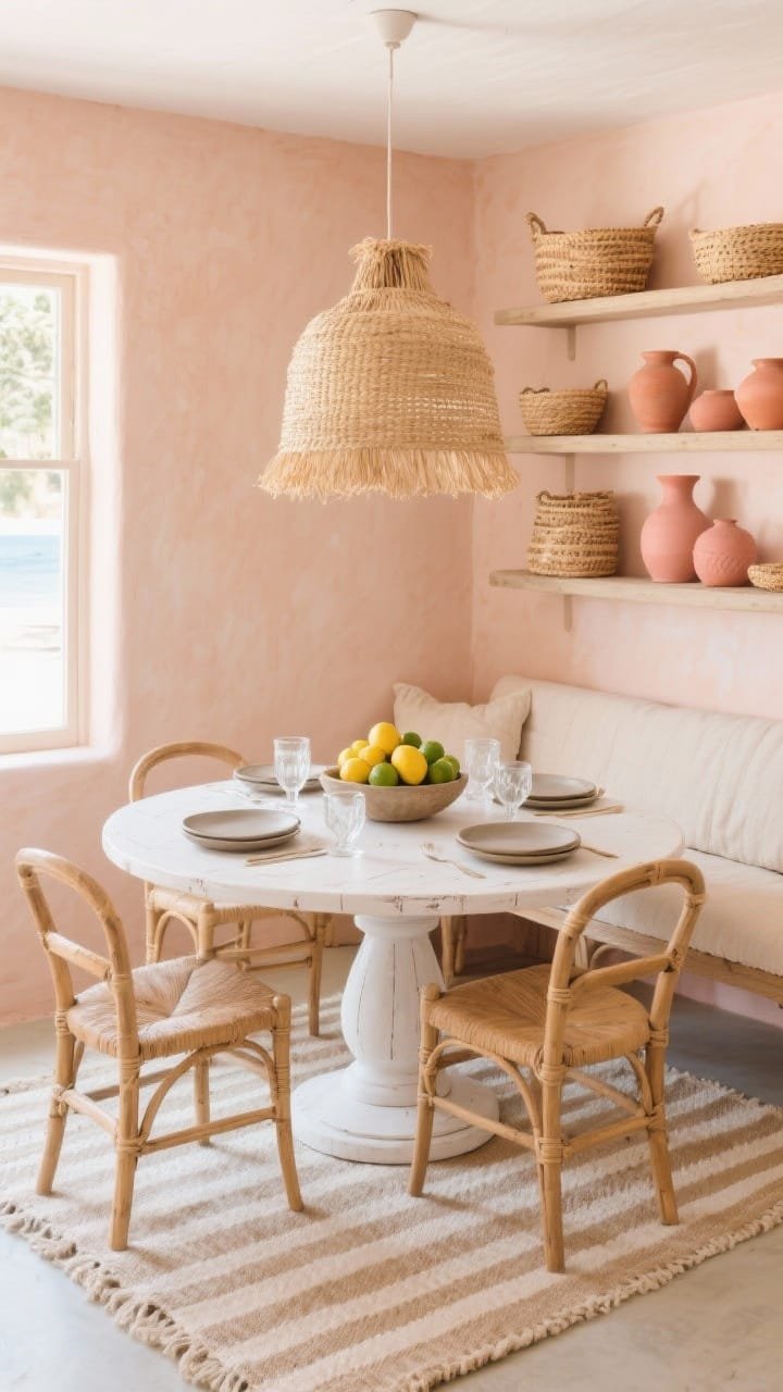 Corner-angle medium shot, Sun-Bleached Boho Dining Nook: a round whitewashed pedestal table surrounded by cane-backed chairs and a relaxed bench with a linen cushion; pale peachy sand walls; a large raffia pendant overhead casting warm diffuse light; striped cotton rug in dune tones underfoot; centerpiece bowl of lemons and limes; tabletop set with matte stoneware plates and handblown water glasses; open shelves in the background holding coral-toned pottery and woven baskets. Textural, sunlit, boho-coastal.