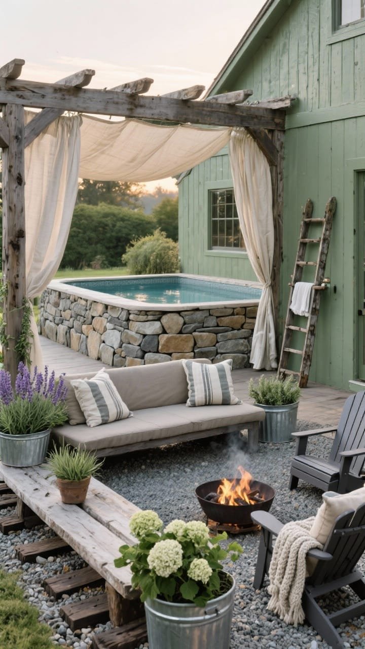 Corner angle medium-wide: A rustic farmhouse hideaway featuring an above-ground pool skirted with stacked faux stone panels, set in a gravel courtyard edged by railroad ties. A distressed wood pergola draped with light canvas curtains provides shade. Soft, earthy palette of sage green, oat, and charcoal throughout. Furnishings include a long farmhouse bench, galvanized metal planters, a vintage ladder repurposed as a towel rack. Seating zone shows bench plus Adirondack chairs arranged around a smokeless fire pit (positioned safely away). Textiles: grain-sack stripe cushions and chunky knit throws. Greenery: lavender, rosemary, potted hydrangeas. Early evening soft natural light. No people, photorealistic.