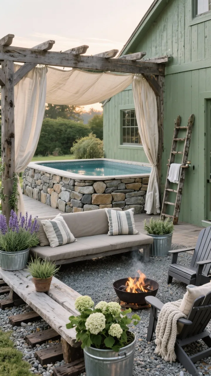 Corner angle medium-wide: A rustic farmhouse hideaway featuring an above-ground pool skirted with stacked faux stone panels, set in a gravel courtyard edged by railroad ties. A distressed wood pergola draped with light canvas curtains provides shade. Soft, earthy palette of sage green, oat, and charcoal throughout. Furnishings include a long farmhouse bench, galvanized metal planters, a vintage ladder repurposed as a towel rack. Seating zone shows bench plus Adirondack chairs arranged around a smokeless fire pit (positioned safely away). Textiles: grain-sack stripe cushions and chunky knit throws. Greenery: lavender, rosemary, potted hydrangeas. Early evening soft natural light. No people, photorealistic.