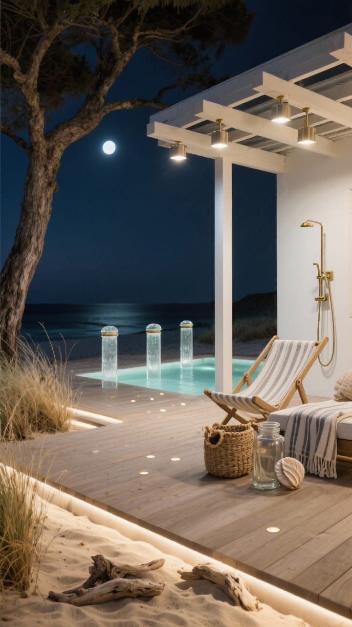Corner-angle wide shot of a coastal boardwalk deck at night: Sandy-toned decking with swaying grasses. Downlighting from small shielded fixtures mounted high on pergola beams and a mature tree, mimicking natural moonlight with soft pools on the boardwalk. Recessed deck dots mark steps and edges; hidden LED strips glow under bench lips like a low horizon line. A trio of frosted-glass beacon bollards near an outdoor shower. Sling chairs with rope detail, striped throws, seagrass baskets, shells in glass jars. Palette of driftwood, sand, seafoam, soft brass, linen white. Breezy, natural, photorealistic, no people.