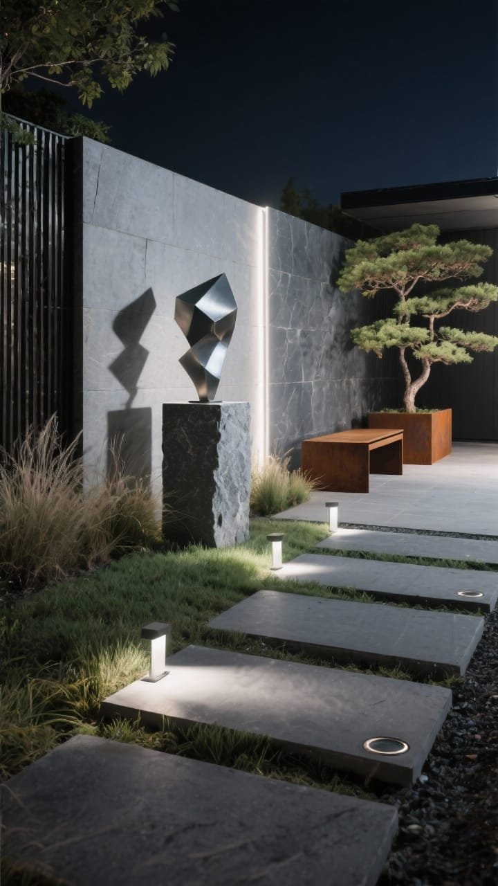 Detail/architectural medium shot along a pathway at night: Graphite stepping stones lit by asymmetric path lights casting precise beams. A modern stone or metal sculpture on a plinth crisply highlighted by narrow-beam spotlights, producing a dramatic shadow behind it. Recessed inground washers graze textural grasses and a slate wall; a slim linear wall wash adds depth to a boundary fence. Rectilinear bench nearby, corten steel planter, Japanese maple as focal greenery. Palette of graphite, white, soft green, oxidized metal. Gallery-like, photorealistic, no people.