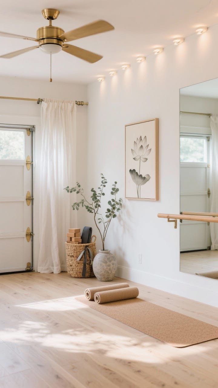 Detail/closeup: A serene, sunlit zen studio vignette featuring whitewashed walls and pale oak LVP flooring with soft morning light; sheer linen curtains diffusing light at the garage door; a brushed brass ceiling fan overhead with a gentle row of uplights glowing along the wall; a wall-mounted barre adjacent to a floor-to-ceiling mirrored wall; neutral cork yoga mats rolled out, with a woven basket tower neatly holding blocks, straps, and bolsters; lotus print art and eucalyptus stems in a stone vase nearby; warm white, pale oak, soft taupe, hints of brass; spa-like calm; photorealistic, shallow depth of field emphasizing textures of linen, cork, and oak.