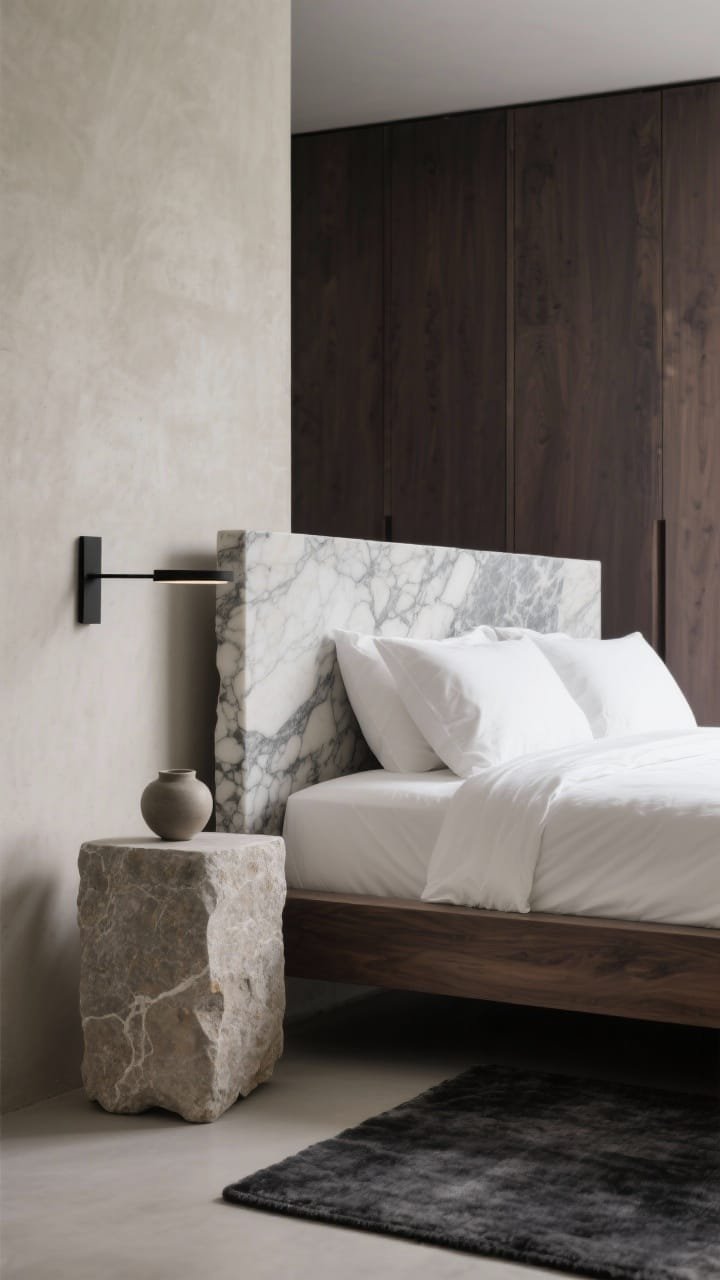 Detail closeup: “Stone & Smoke Minimalist Suite” highlighting the stone slab headboard (veined marble or travertine) floating just behind a smoked ash bed frame with crisp white percale sheets. Include thin black linear sconce grazing the stone texture, a pedestal stone nightstand with a single ceramic vessel and nothing else. In the blurred background, a wall of flat-front oak wardrobes stained deep taupe. Silky charcoal area rug peeks at the frame’s edge. Palette: greige, charcoal, soft taupe, matte black. Lighting is restrained and gallery-clean, emphasizing microcement greige wall texture; photorealistic.