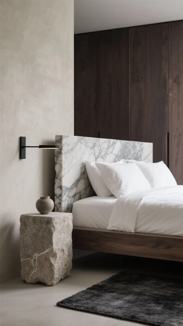 Detail closeup: &ldquo;Stone & Smoke Minimalist Suite&rdquo; highlighting the stone slab headboard (veined marble or travertine) floating just behind a smoked ash bed frame with crisp white percale sheets. Include thin black linear sconce grazing the stone texture, a pedestal stone nightstand with a single ceramic vessel and nothing else. In the blurred background, a wall of flat-front oak wardrobes stained deep taupe. Silky charcoal area rug peeks at the frame&rsquo;s edge. Palette: greige, charcoal, soft taupe, matte black. Lighting is restrained and gallery-clean, emphasizing microcement greige wall texture; photorealistic.