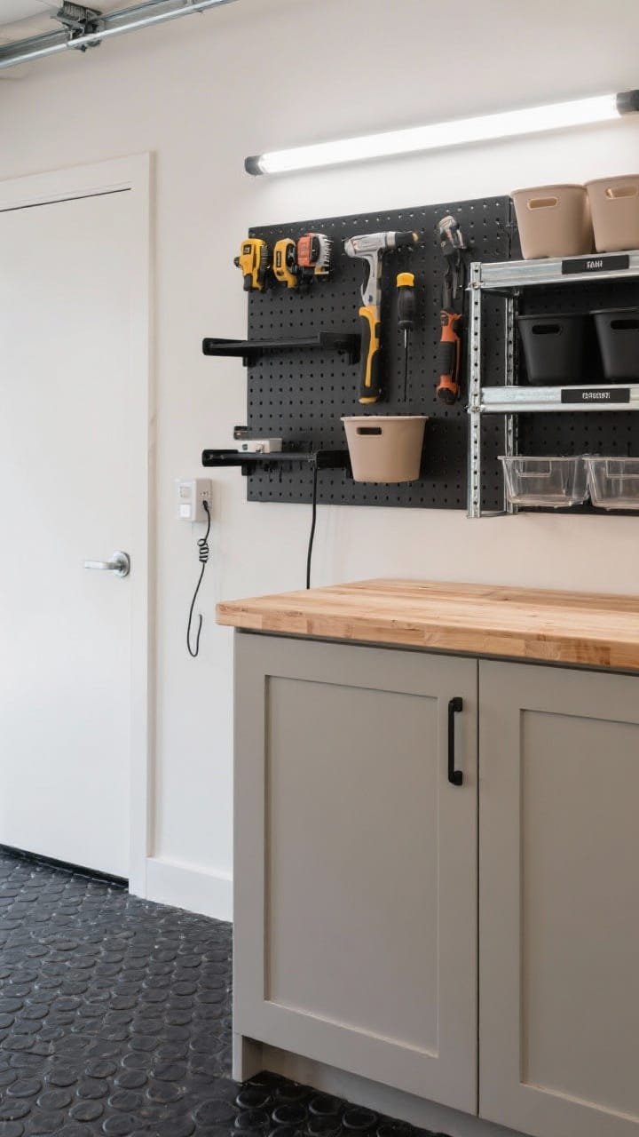 Detail closeup, angled from workbench height, of a minimalist utility vignette: greige slab-door cabinet edge with finger-pull profile meeting a warm sealed butcher block countertop; above, a tidy grid of black pegboard holding frequently used tools. To the side, open galvanized shelving with label rails and neatly arranged tonal bins in taupe, black, and clear. Black coin-pattern rubber floor tiles visible in the foreground for texture. Bright, even illumination from garage-rated LED strips overhead, with a slim motion sensor at the entry wall in frame. Include black shelf brackets and a compact wall charger station with cord organizer. Palette: greige, black, natural wood, galvanized steel. Photorealistic, no people.
