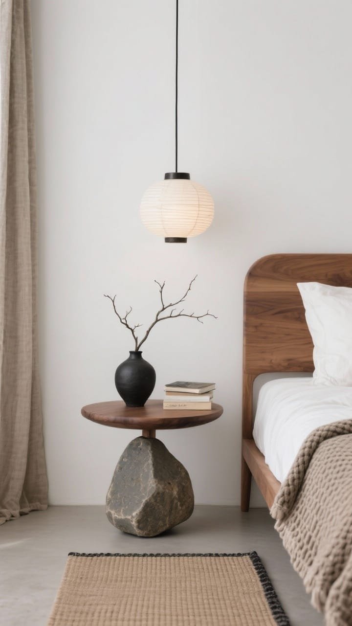 Detail closeup at bed height of a Japandi bedroom vignette: ash wood bed with rounded corners framed against soft white walls, tatami-inspired flat rug beneath. Smooth river-stone-shaped side table holding a single branch in a black clay vase and a small stack of linen-covered books. Overhead, a slim paper lantern pendant softly diffuses light. Palette of white, ash, warm taupe with subtle inky charcoal accent. Tactile textures—waffle-knit cotton blanket edge and hemp curtains in the background—calm, meditative mood.