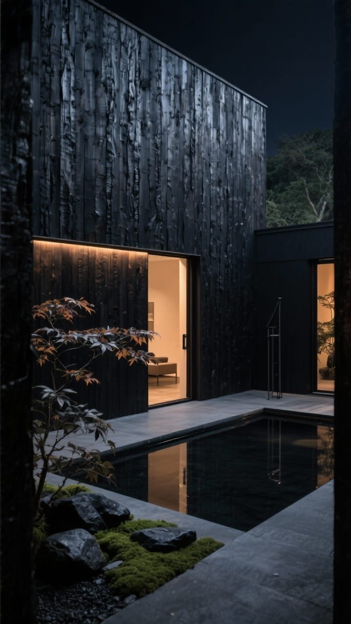 Detail closeup at night inside a hidden courtyard of a Monolithic shou sugi ban retreat: richly textured charred wood cladding with subtle sheen, frameless recessed window edge; soft uplights washing the charred boards; a serene reflecting pool mirroring the night sky; minimal blackened steel pivot gate edge in frame; landscaping details of black river stones, Japanese maple leaves, and mossy groundcover; palette of charred black, gunmetal, and soft amber lighting; moody, sculptural, gallery-like feel.