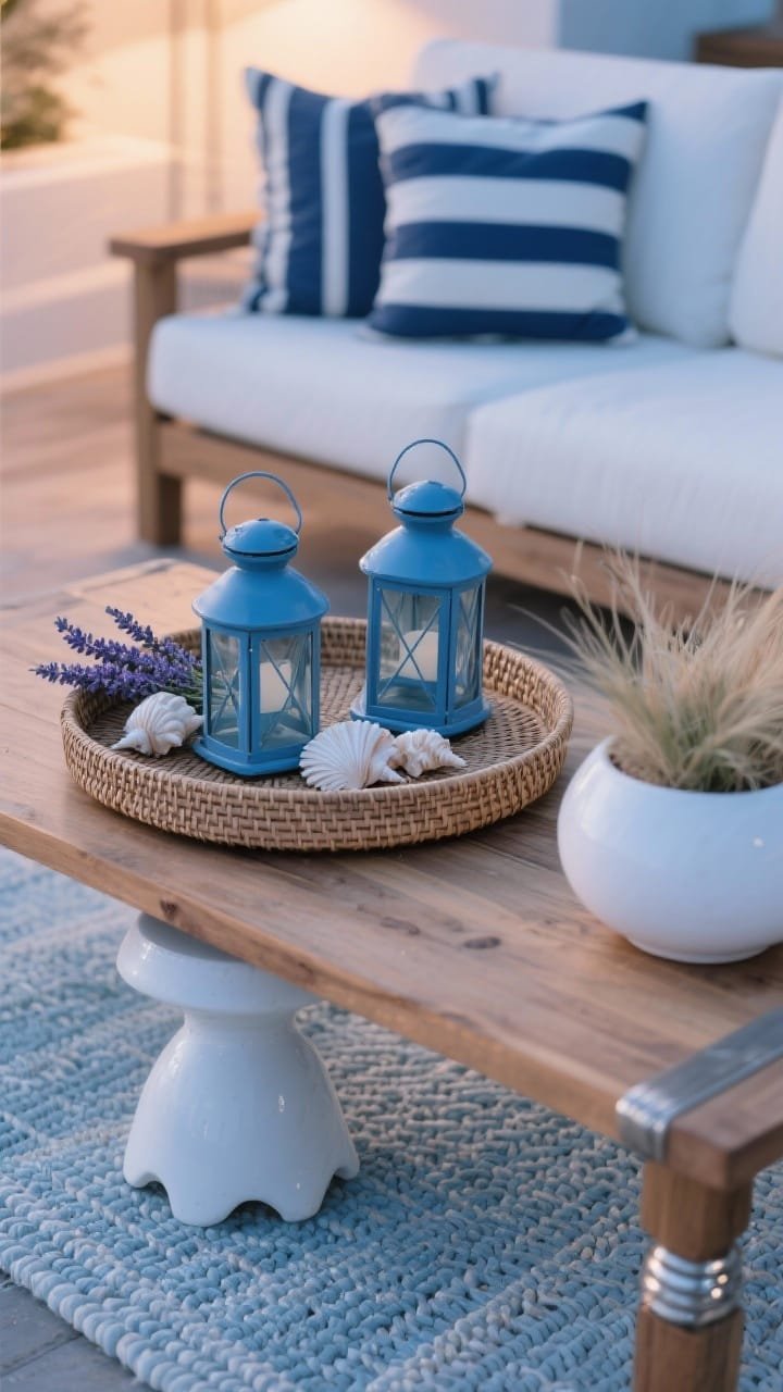 Detail closeup, Coastal Modern Escape: A rattan tray on a teak coffee table holding two blue glass lanterns, seashells, and a sprig of lavender; soft evening coastal light; background hints of navy-and-white striped cushions on a clean-lined teak sofa; edge of a recycled plastic woven rug in pale blue visible; white ceramic garden stool leg in frame; brushed nickel accents subtly catching light; white planter with sea grass softly blurred; intimate, crisp texture focus.