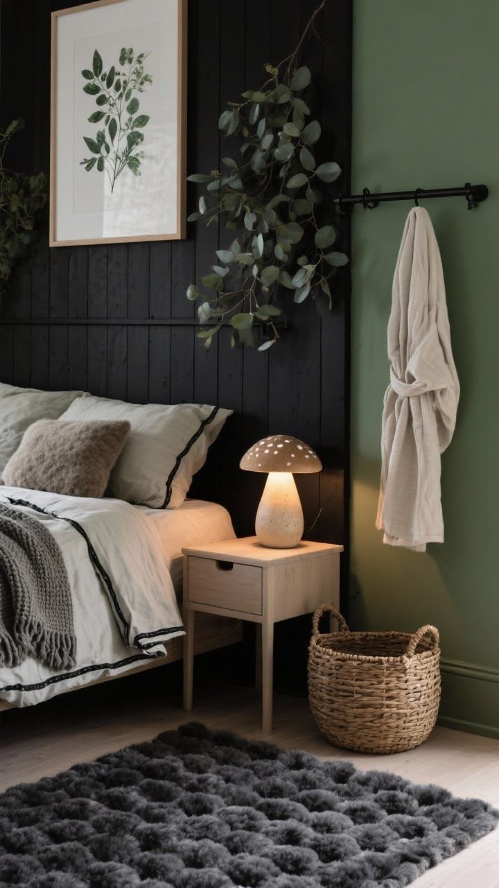 Detail closeup, Forest Moss + Black Hygge: a corner vignette focusing on a black shiplap headboard wall meeting soft moss-green side walls. In front, eucalyptus-toned linen bedding with charcoal piping, a knit throw casually folded, and a felt cushion. A pale ash nightstand holds a ceramic mushroom lamp emitting a warm glow (dimmable feel). On the wall, a framed botanical print; a minimal black metal rail nearby with a single linen robe hanging. Foreground shows the plush texture of a charcoal tufted wool rug and a woven basket, photorealistic, cozy, nature-first mood.