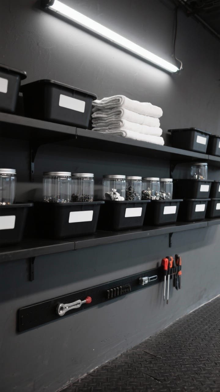 Detail closeup from a slight low angle — Graphite garage gallery symmetry: graphite-black shelves against a slightly lighter charcoal-gray wall, emphasizing tone-on-tone drama. Perfectly symmetrical arrangement: black polypropylene bins with crisp white label strips flanking a central row of clear, square canisters filled with small parts. Above, a slim neon work light/LED bar casts a contemporary glow, sharpening edges. A neat stack of white shop towels provides high-contrast punctuation on an open shelf. Charcoal rubber tile flooring visible at the bottom edge; a matte-black magnetic strip holds a minimal selection of essential tools. Photorealistic, moody minimalism.