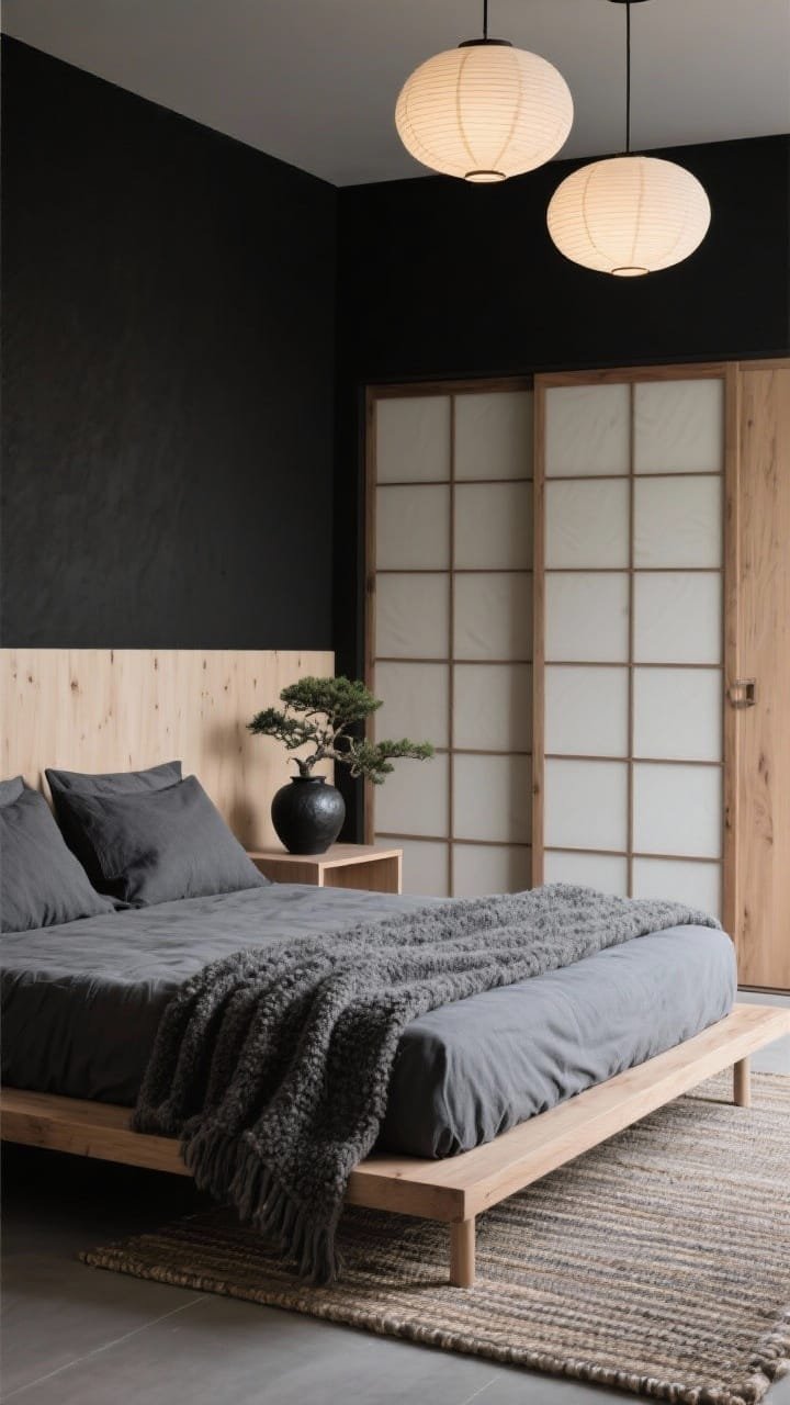 Detail closeup, low angle from bedside: A serene Japandi vignette featuring a soft black wall meeting a limed ash accent wall behind a low futon-style platform bed with rounded corners. Bedding shows stone-washed charcoal linen with ink-gray gauze pillows; a chunky wool bouclé throw drapes over the edge. A floating wood ledge acts as a minimalist nightstand holding a single black raku vase beside a small bonsai. In the background, a shoji-inspired smoked-oak sliding closet door and a tatami-style flatweave rug. Overhead, dimmed paper lantern pendants cast a soft lunar glow. Photorealistic, minimal, no people.