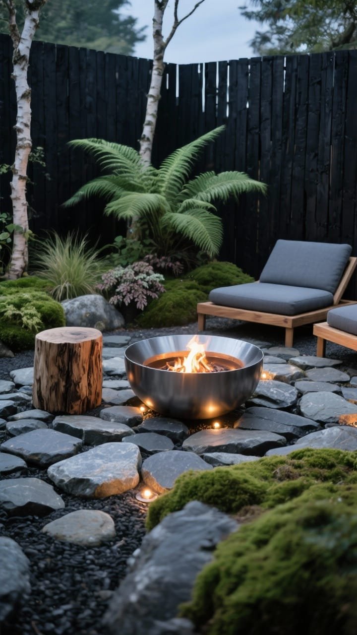 Detail closeup, low angle toward center: A circular zone of smooth river stone cradling a low, steel-rimmed fire pit glowing softly, with tiny LED ground lights tucked between stones. Background shows deep blackened cedar slat fencing creating a dramatic contrast. Mossy greens of large fern swathes and native heuchera peek into frame; hints of Hakone grass and pale-barked birch trunks beyond. A chunky wood stump side table sits near low-profile acacia loungers with slate cushions. Palette of coal, ember, moss, and silver-gray, in twilight for warm flame ambience, photorealistic textures of stone, steel, and charred wood.
