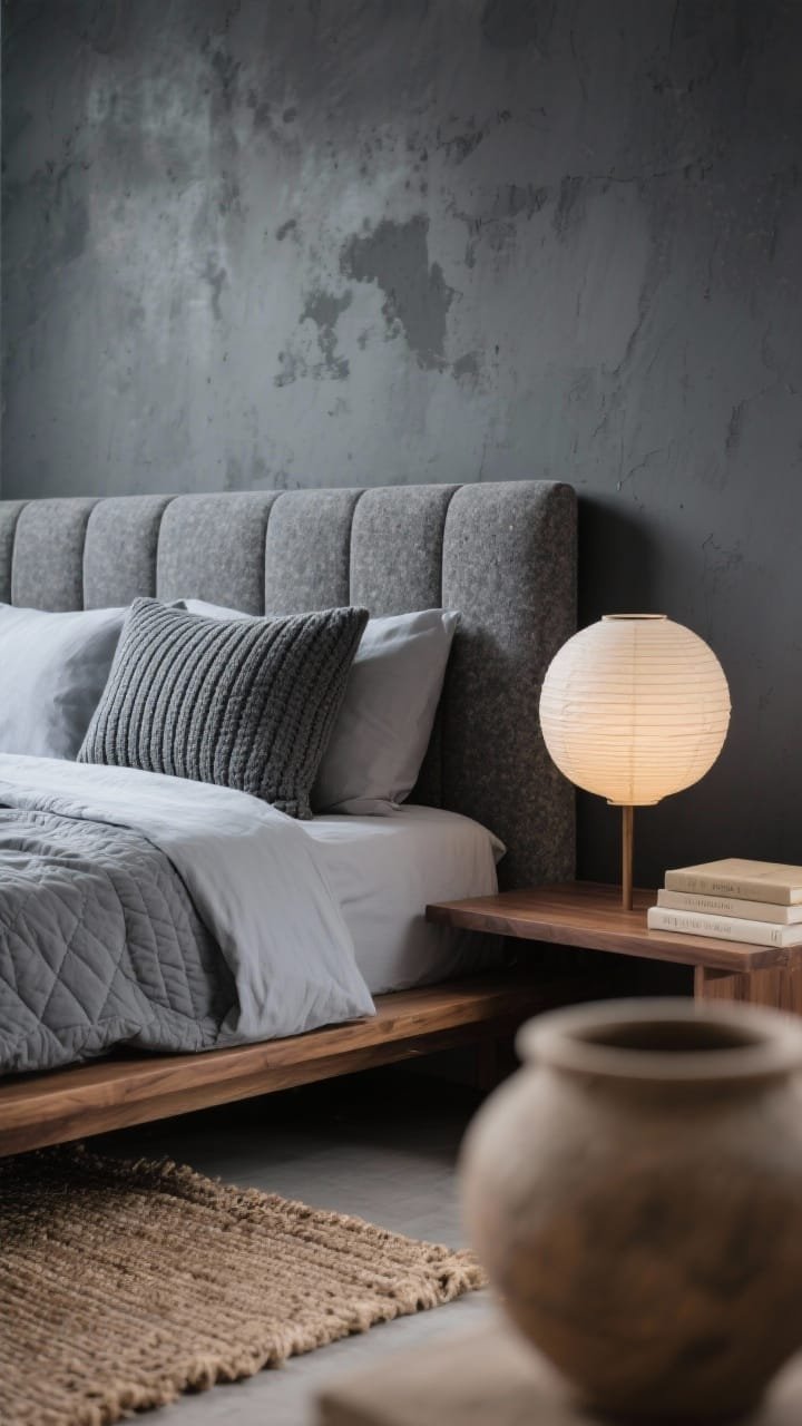 Detail closeup, Minimal Zen With Charcoal Wash & Tatami Warmth: an intimate shot of tactile surfaces—soft, cloudy charcoal limewashed wall behind a low warm walnut platform bed with a stone-gray knit upholstered headboard. Focus on layered bedding: dove gray sheets, a graphite quilt, and a rib-knit lumbar pillow adding depth. Edge of a narrow walnut ledge nightstand with a round paper lantern softly glowing; nearby, a textured clay vessel and stacked neutral books. Foreground blur of a natural jute-and-wool rug. Palette: charcoal wash, walnut, graphite, stone, muted clay. Calm, meditative mood, photorealistic, shallow depth of field.