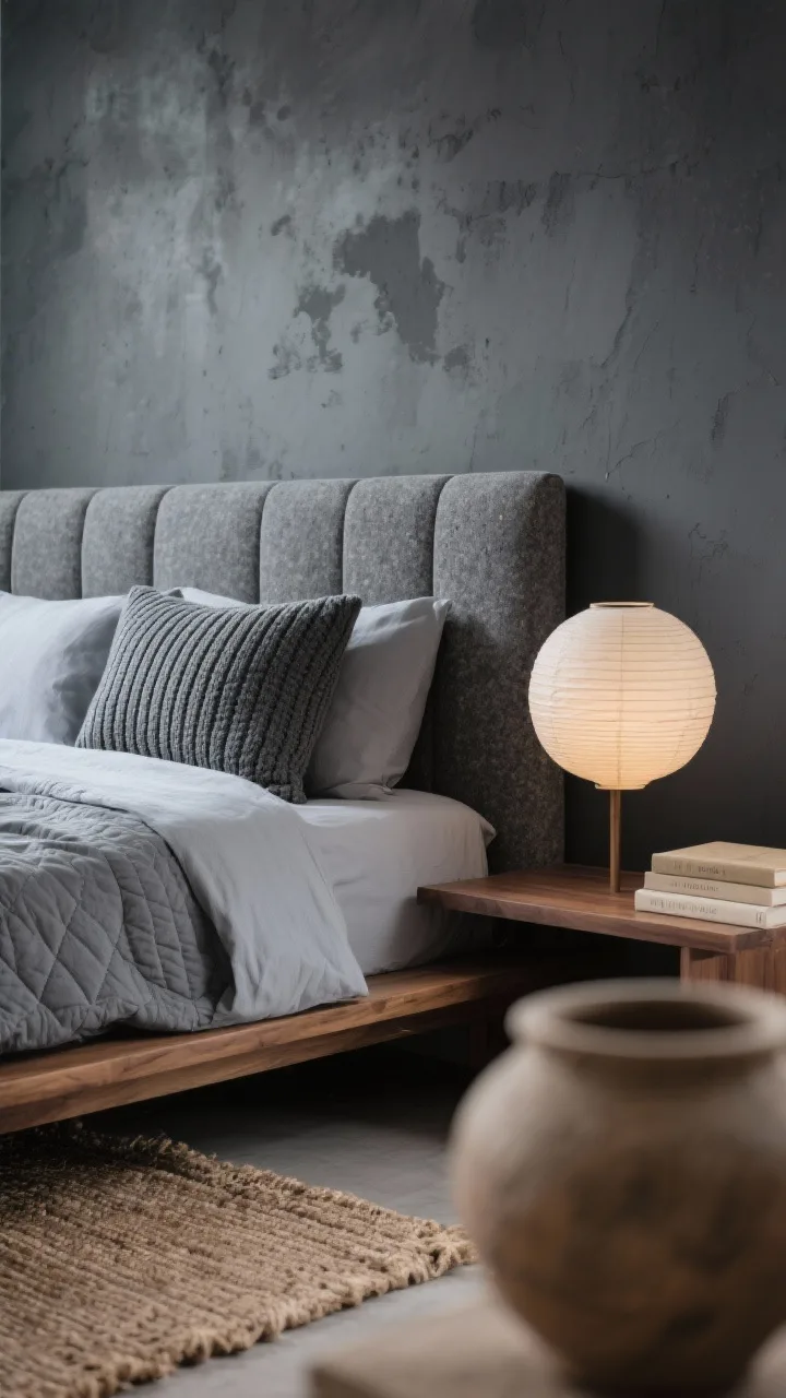 Detail closeup, Minimal Zen With Charcoal Wash & Tatami Warmth: an intimate shot of tactile surfaces—soft, cloudy charcoal limewashed wall behind a low warm walnut platform bed with a stone-gray knit upholstered headboard. Focus on layered bedding: dove gray sheets, a graphite quilt, and a rib-knit lumbar pillow adding depth. Edge of a narrow walnut ledge nightstand with a round paper lantern softly glowing; nearby, a textured clay vessel and stacked neutral books. Foreground blur of a natural jute-and-wool rug. Palette: charcoal wash, walnut, graphite, stone, muted clay. Calm, meditative mood, photorealistic, shallow depth of field.