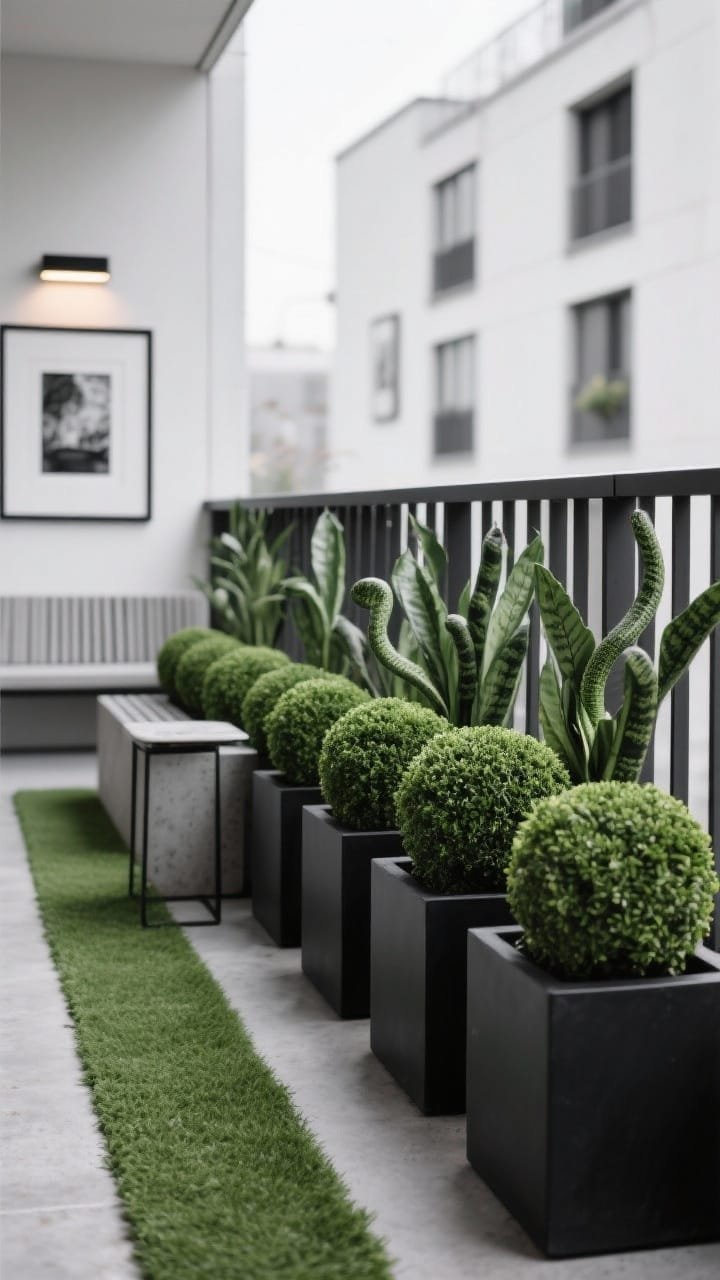Detail closeup, Modern Monochrome Balcony Garden: tight framing on a row of matte-black rectangular planters lined like a low hedge, planted with repeated boxwood balls and snake plants for sculptural rhythm; concrete-look pots beside a slim slatted bench edge and a compact side table tucked underneath; a strip of faux grass runner underfoot, black-framed outdoor art prints slightly blurred in background; minimalist clip-on rail lights providing cool, even illumination; photorealistic, low-angle detail emphasizing black, white, and lush green.